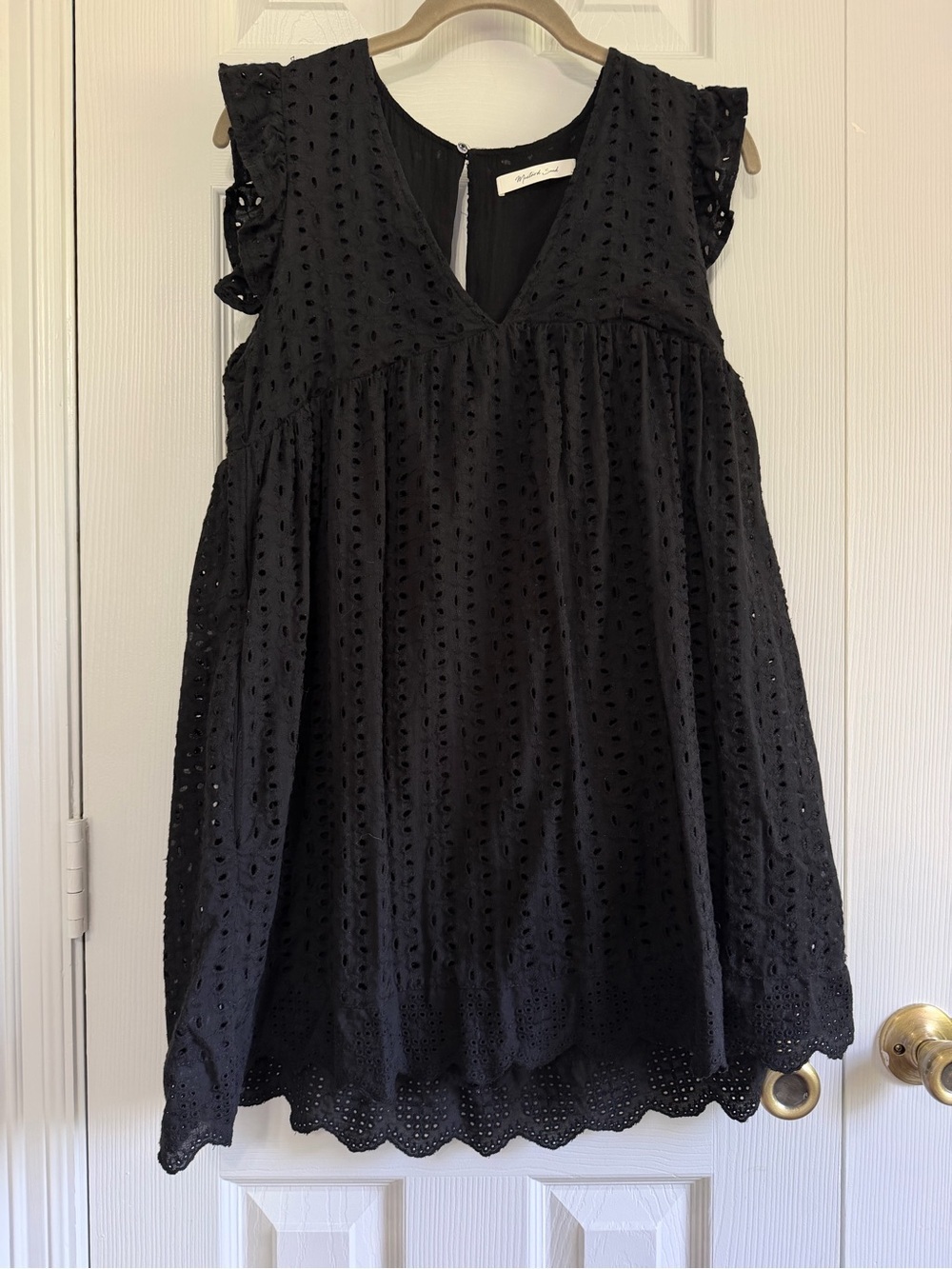 Mustard Seed Black Eyelet Romper Dress Small Babydoll Ruffle Sleeve Scallop Hem